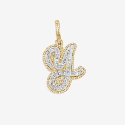 Gold Single Cursive Baguette Diamond Initial Letter